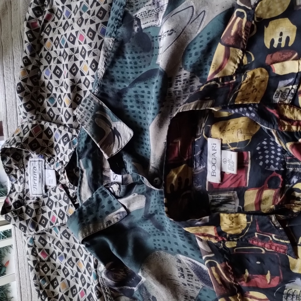 Three vintage silk short sleeve shirts bogari and one Bruno and one Summa brand